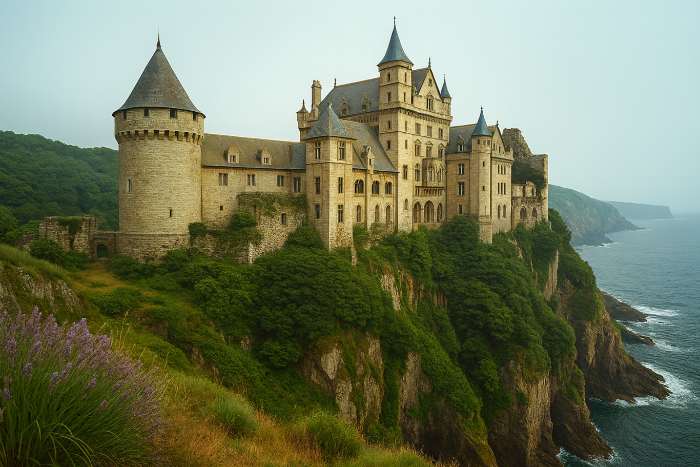 Ein malerisches Schloss auf einer Klippe, umgeben von üppigem Grün und Meer.